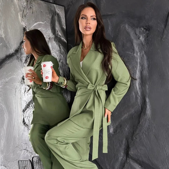 Women Tailored Blazer Coat with Tie Belt and Wide Suit Trousers Amarae