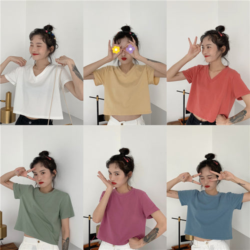Women Short Sleeve T-Shirt with V-Neck and Casual Cut
