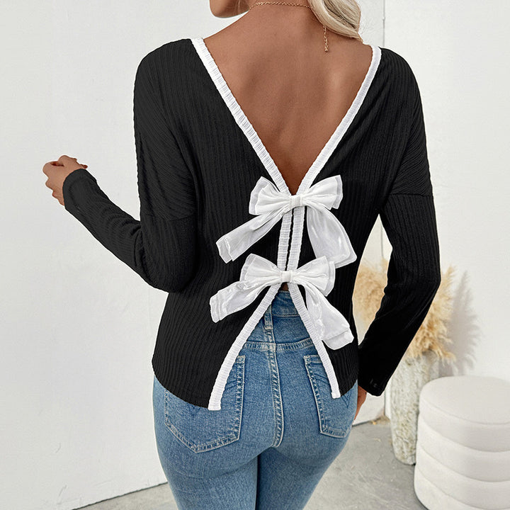 Women's long sleeve shirt with deep V-neck and bow decoration Lune London