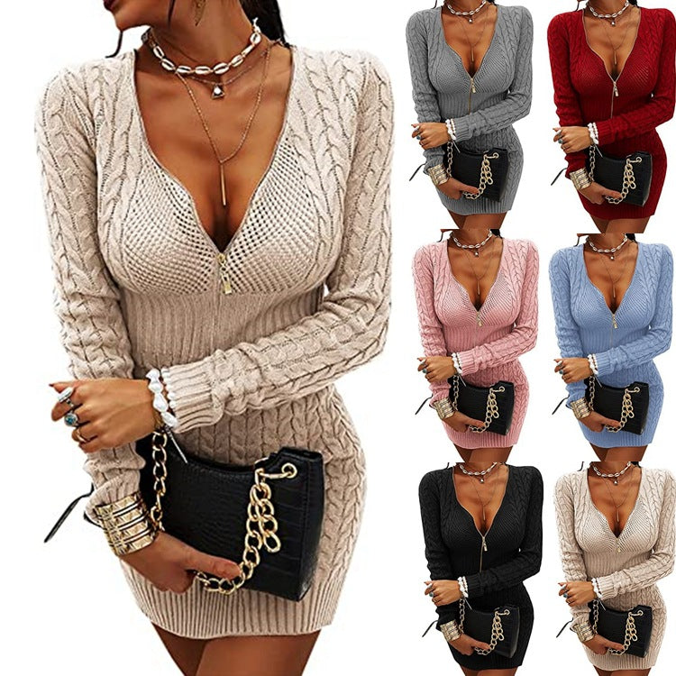 Knit dress for women with deep V-neck and modern zip details Lune London