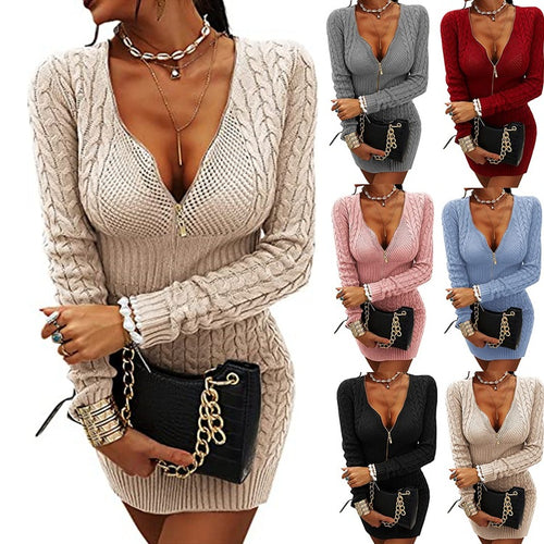Knit dress for women with deep V-neck and modern zip details Amarae