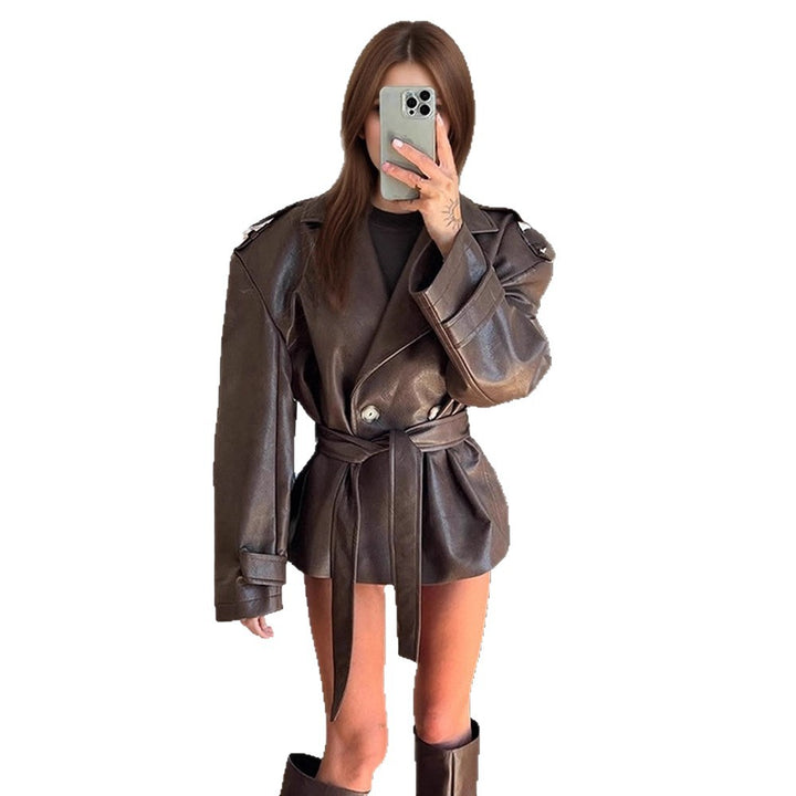 Women's short jacket made of faux leather with waistbelt and oversized shoulder area Amarae