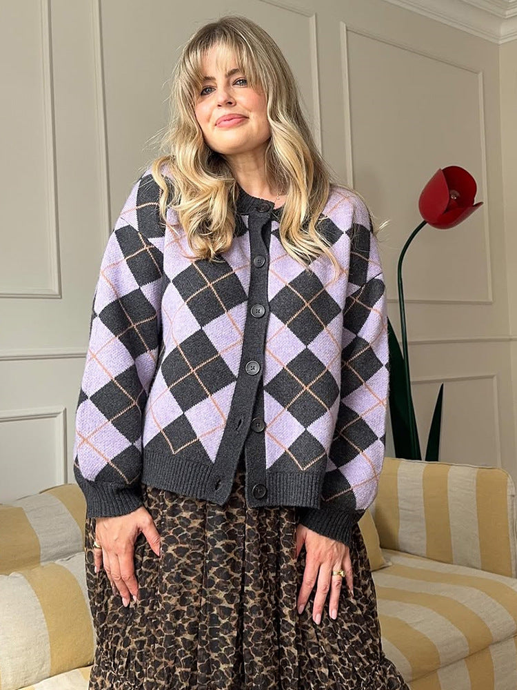 Ladies Argyle Cardigan with Boxy Silhouette and Large Button Placket Amarae