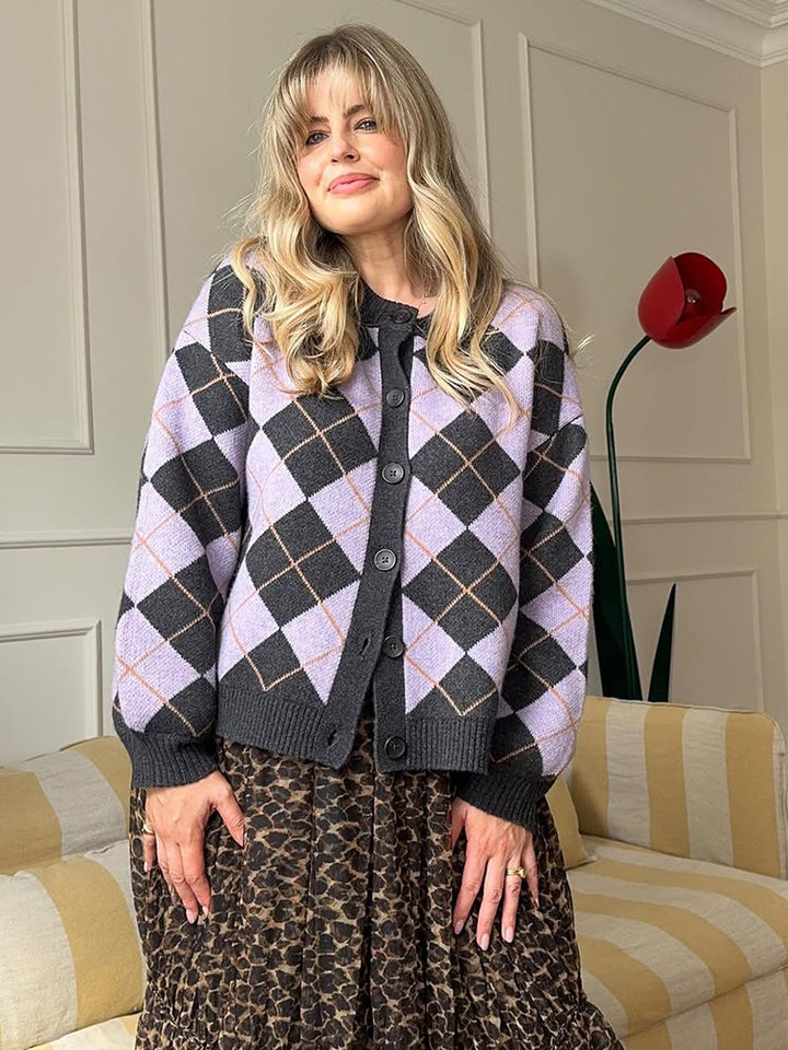 Ladies Argyle Cardigan with Boxy Silhouette and Large Button Placket Amarae