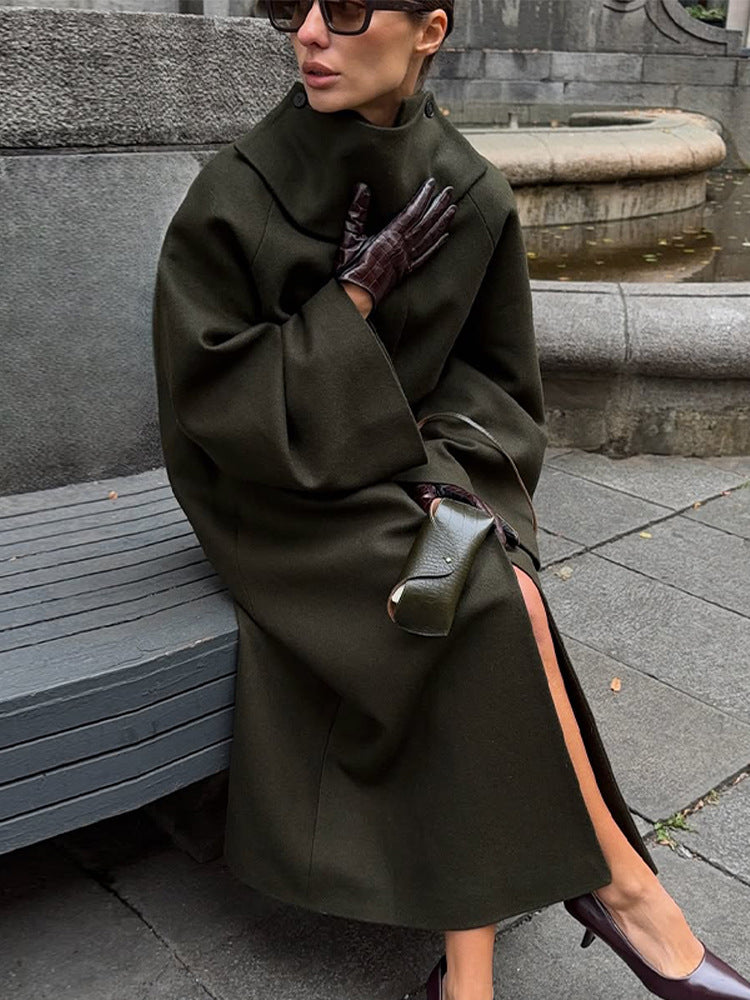Ladies Maxilength Oversize Wool Blend Coat with Oversized Stand Collar and Balloon-like Sleeves Amarae