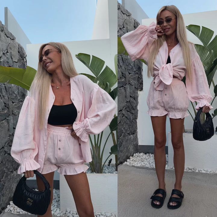 Fashionable women's loungewear set with bow-shaped top and ruffled shorts Lune London