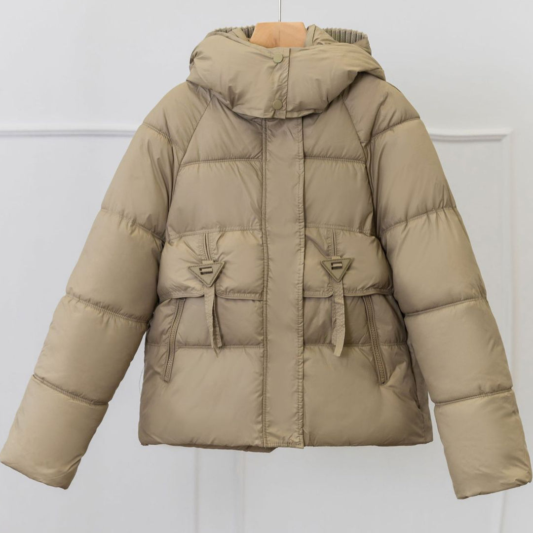 Ladies ultralight puffer jacket with adjustable hood collar and practical zip pockets Lune London