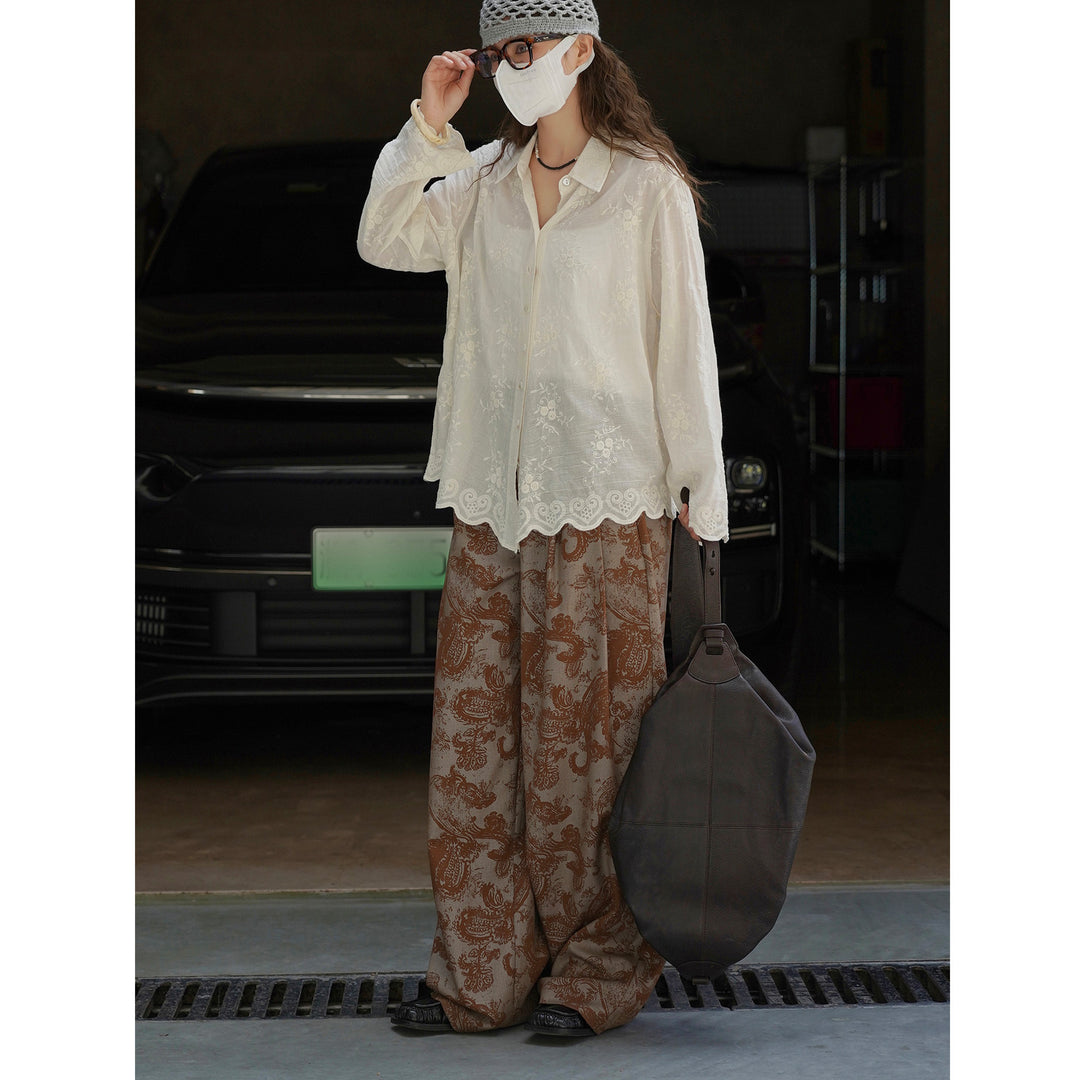 Women's finely embroidered sheer blouse with shirt collar and wavy hem Amarae