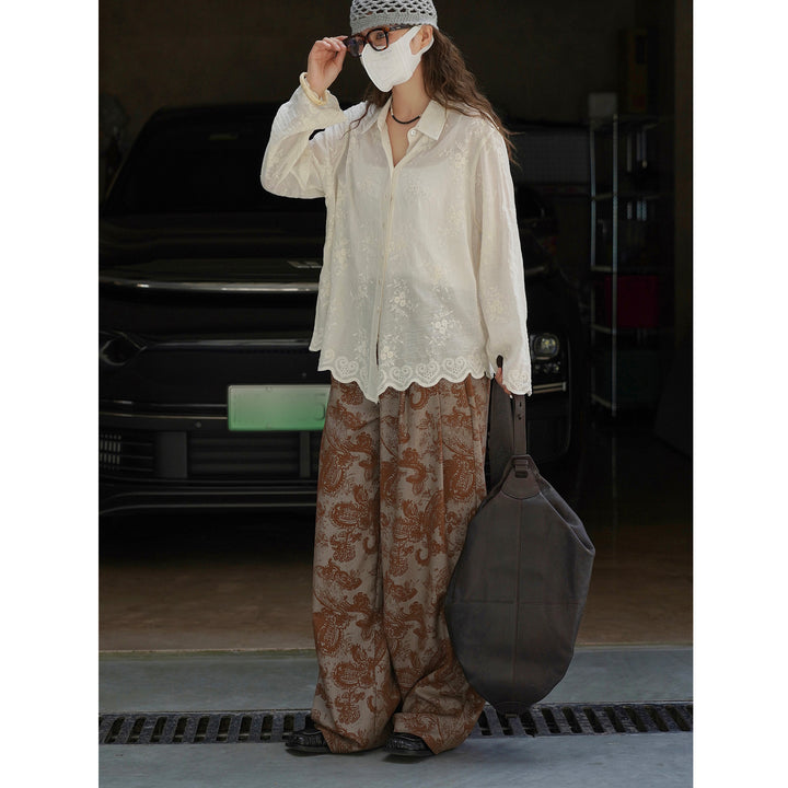 Women's finely embroidered sheer blouse with shirt collar and wavy hem Amarae