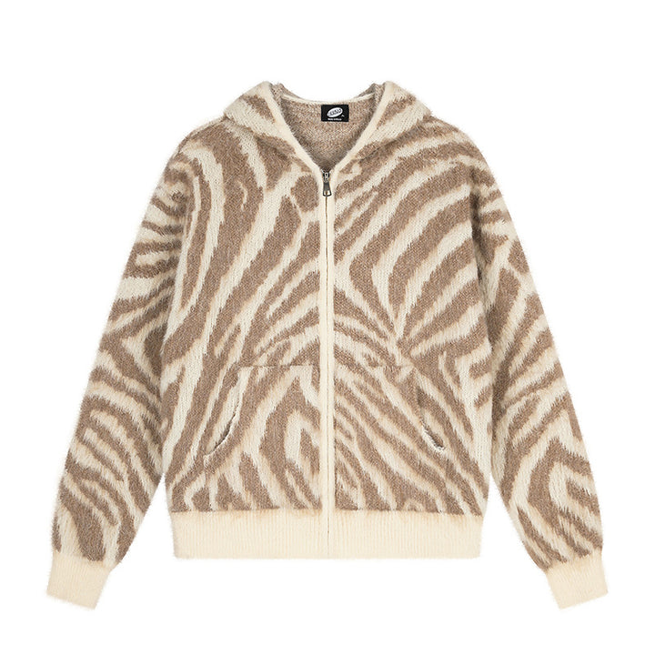 Women's Fluffy Zip Hoodie Cardigan with Zebra Jacquard and Kangaroo Pocket Amarae