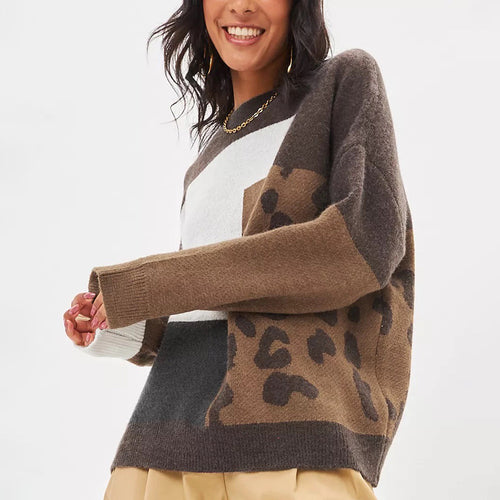 Pull en tricot épais pour femmes avec un design léopard moderne et des éléments de blocs colorés Chic & Stil
