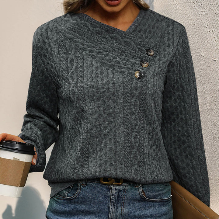 Knit sweater for women with a refined V-neck and decorative buttons Lune London