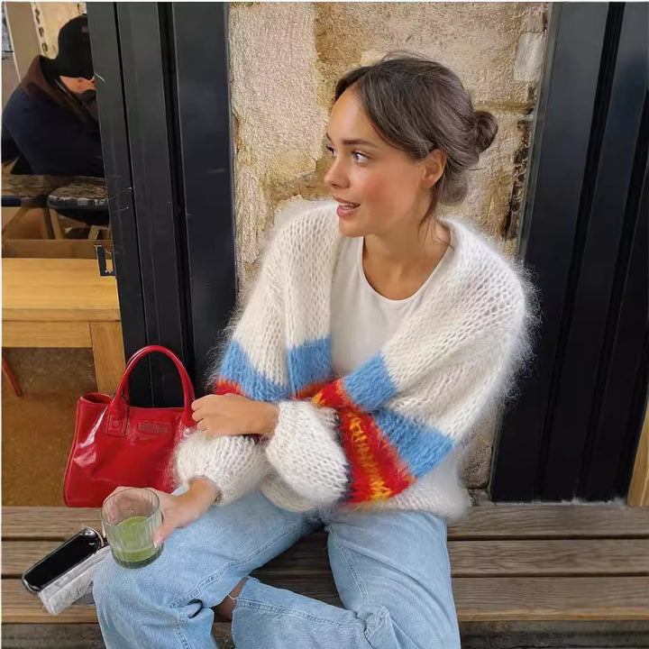 Casual knit cardigan for women with colorful stripes and a loose fit Lune London