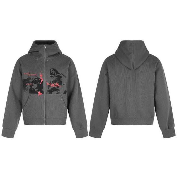 Ladies Hooded Zip Jacket with Stud Embellishment, Artwork Front Print and Kangaroo Pockets Amarae