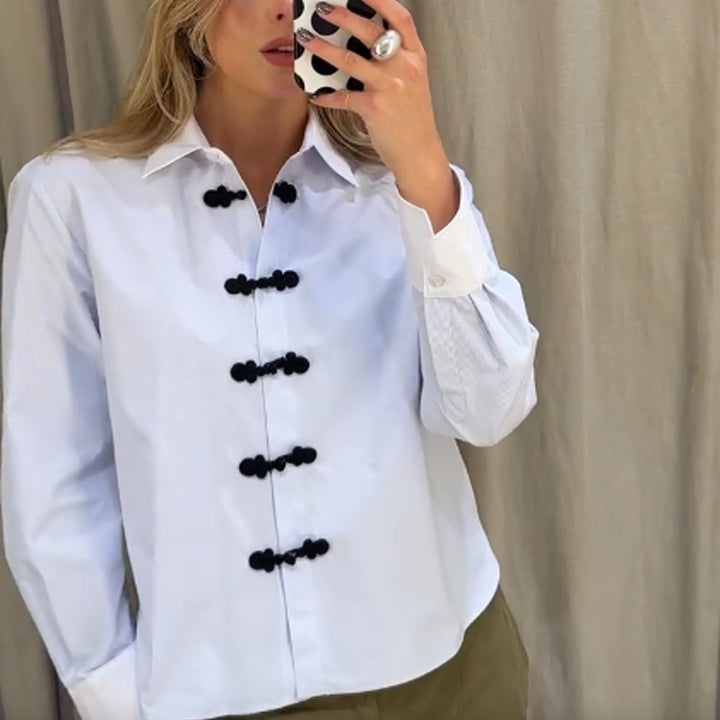 Women’s short cut poplin shirt blouse with stand-up collar and decorative cord knot closures Amarae