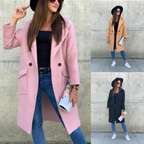 Modern long women's jacket with deep lapels and practical pockets Amarae