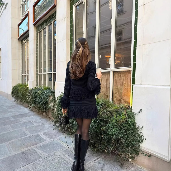 Women Structured Knit Jacket with Fringe Trim and Waist Peplum Amarae