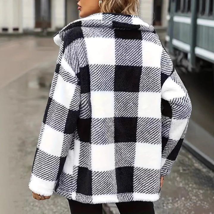 Women Cozy Fleece Jacket with Individual Plaid Pattern Lune London