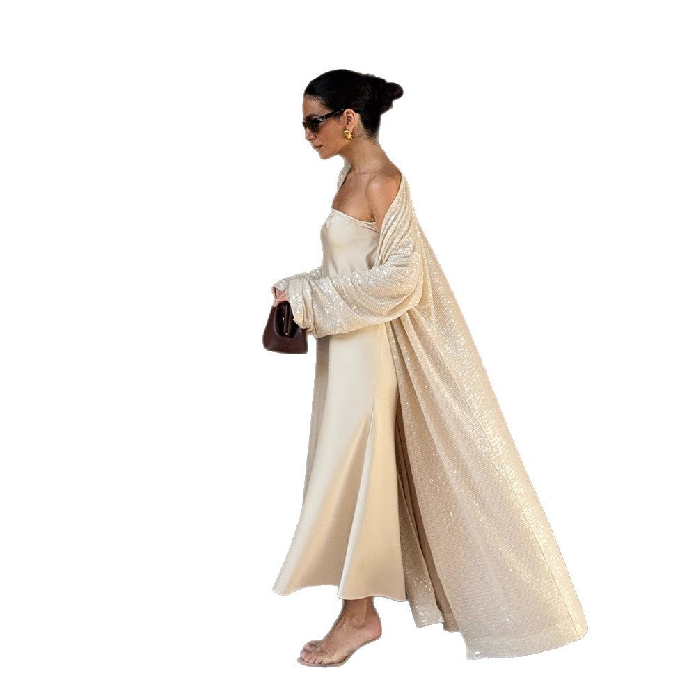 Women's flowing satin dress in bias cut with spaghetti straps Amarae