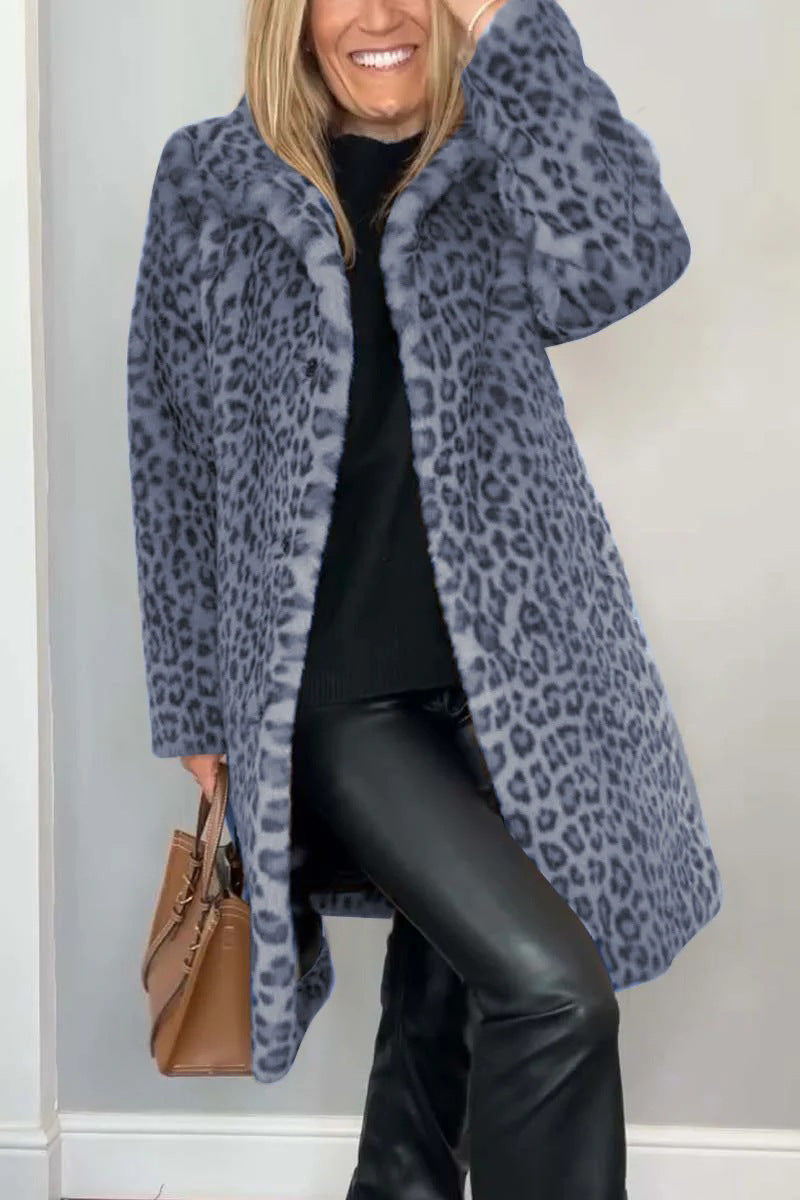 Ladies Leopard Print Faux Fur Jacket with High Collar Lune London