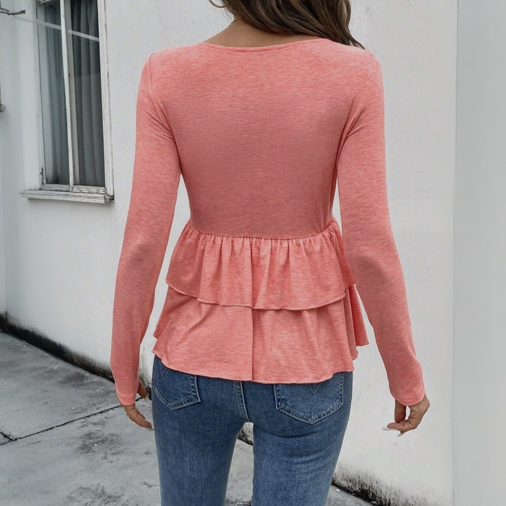 Blouse à manches longues pour femmes avec détails volantés et patte de boutonnage Chic & Stil
