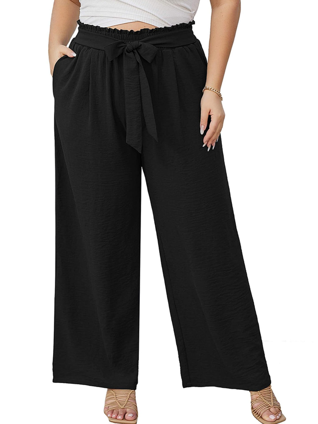 Women's Wide Culottes in Linen Look with Paperbag Waist, Tied Belt and Side Pockets Amarae