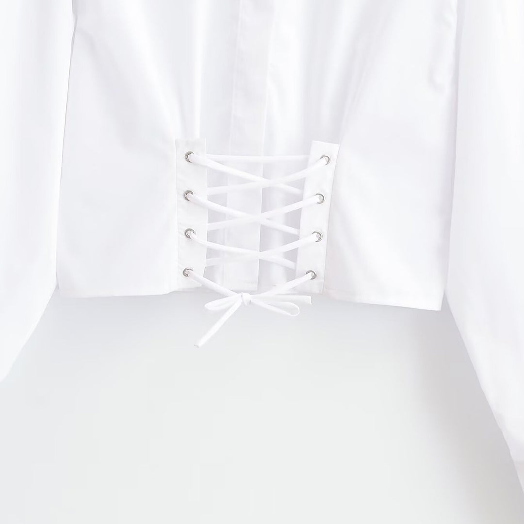 Women's short blouse with stand-up collar, cord corsage at the hem and voluminous sleeves Amarae