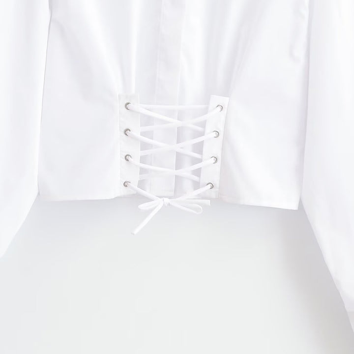 Women's short blouse with stand-up collar, cord corsage at the hem and voluminous sleeves Amarae