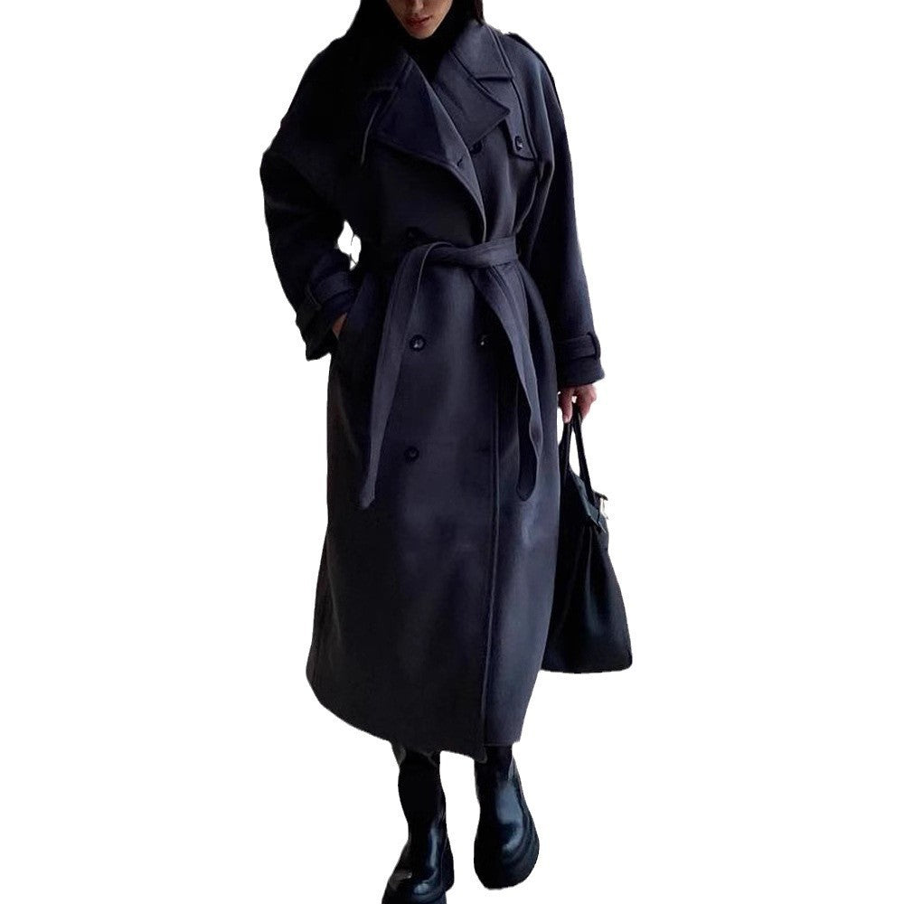 Women's Maxi Wool Blend Coat in Military Style with Wide Lapels and Dropped Shoulders Amarae
