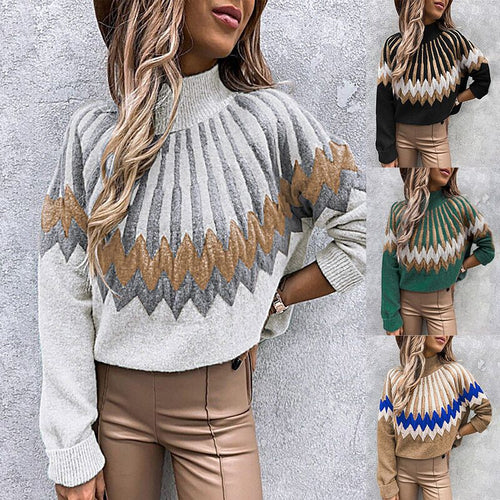 Amarae Thick Knit Sweater for Women with Intense Graphic Design and High Collar