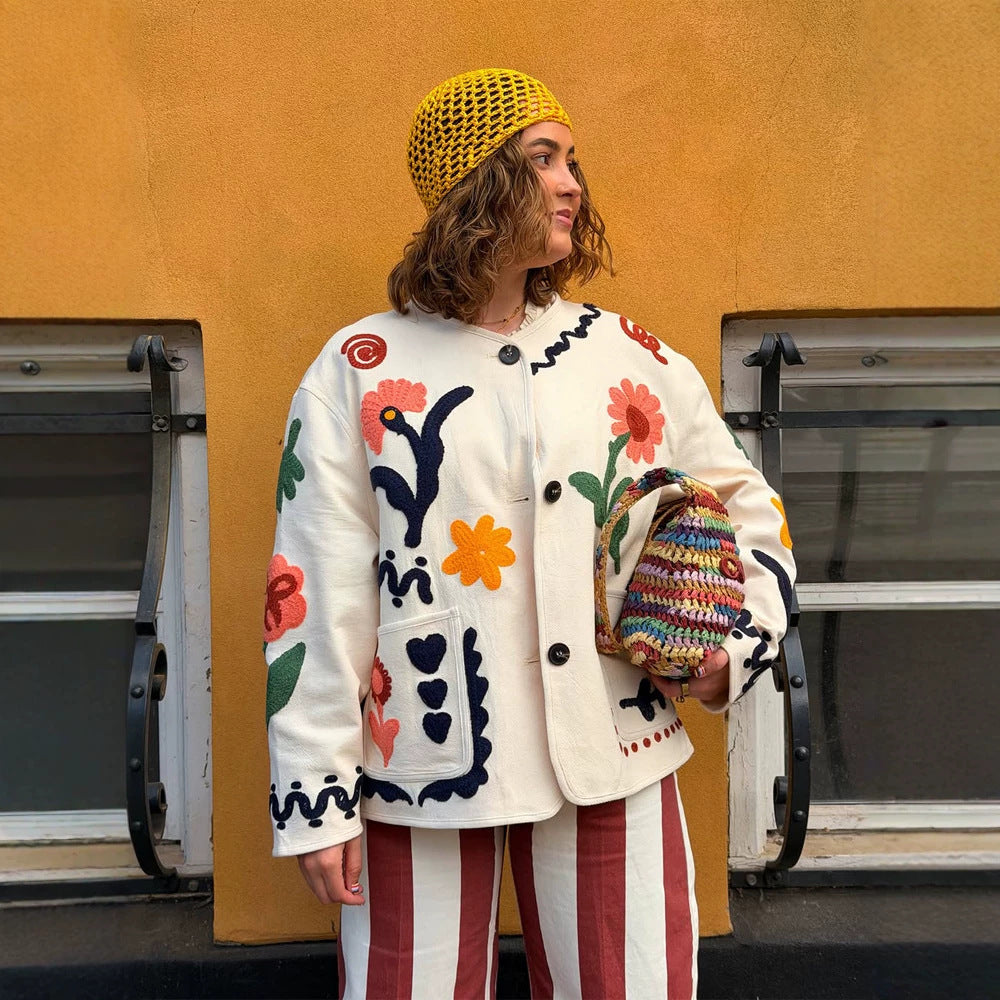 Women's embroidered boxy jacket with floral application and patch pockets Amarae
