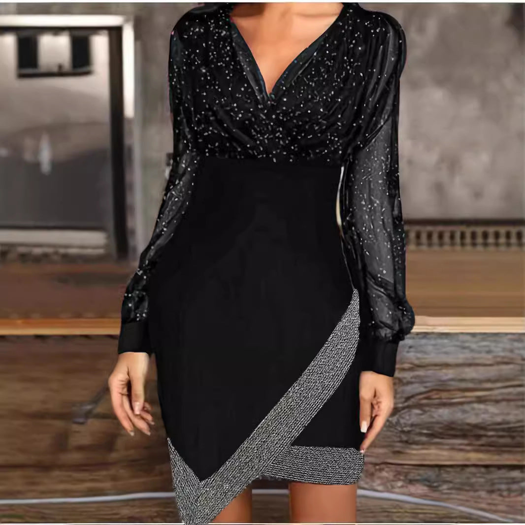 Women Elegant Wrap Dress with Sparkling Details and Sheer Sleeves Lune London