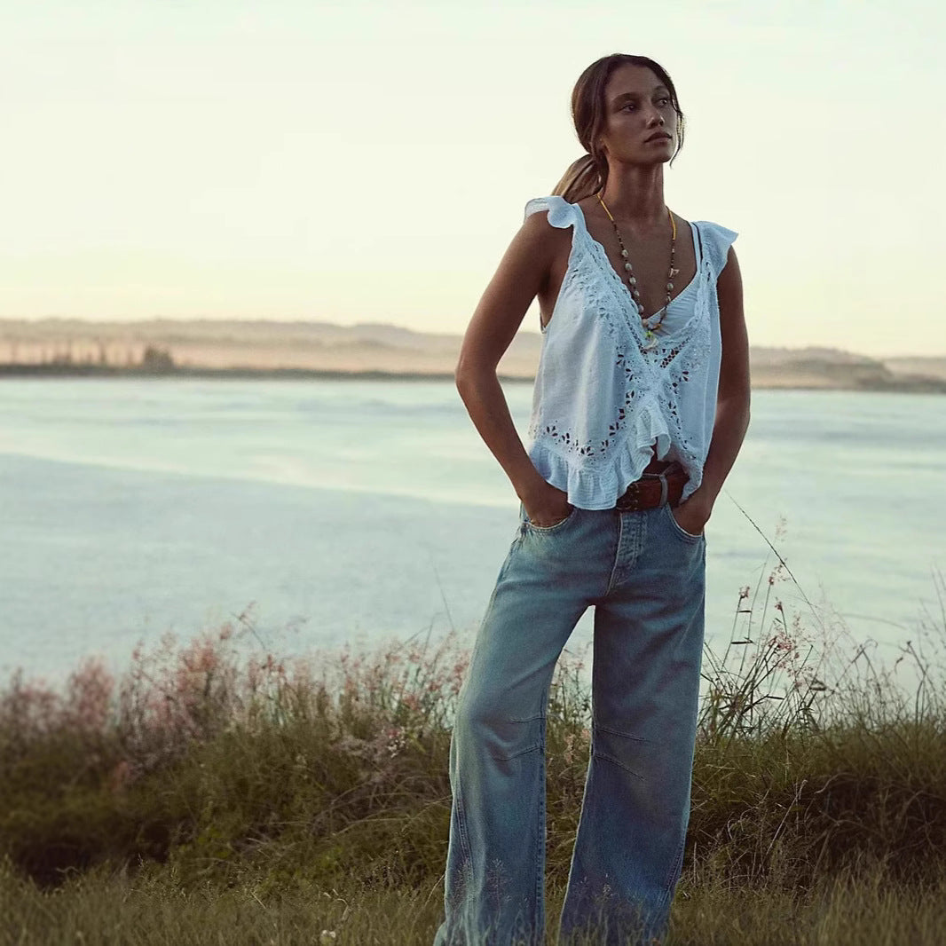 Ladies airy linen crop top with ruffles Lune London