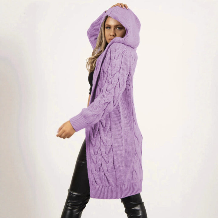 Knit coat for women with hood and elaborate braid pattern structure Lune London