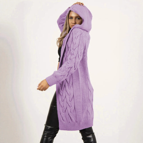 Ladies large knit wrap cardigan with hood and cable pattern Amarael