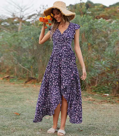 Lune London women's maxi dress with fluid sleeves and floral height difference