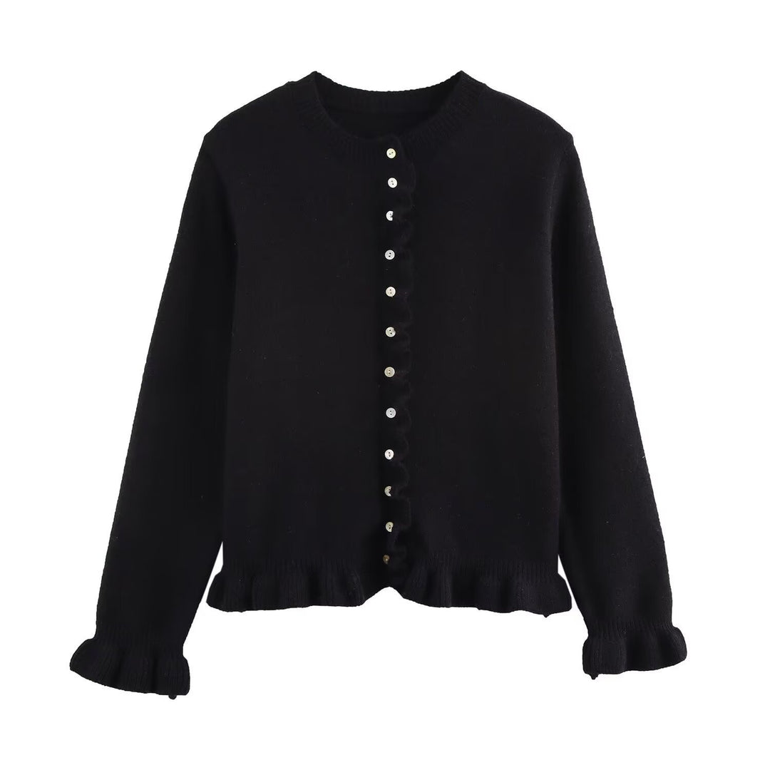 Women knitted vest with decorative ruffle trim and button closure Lune London