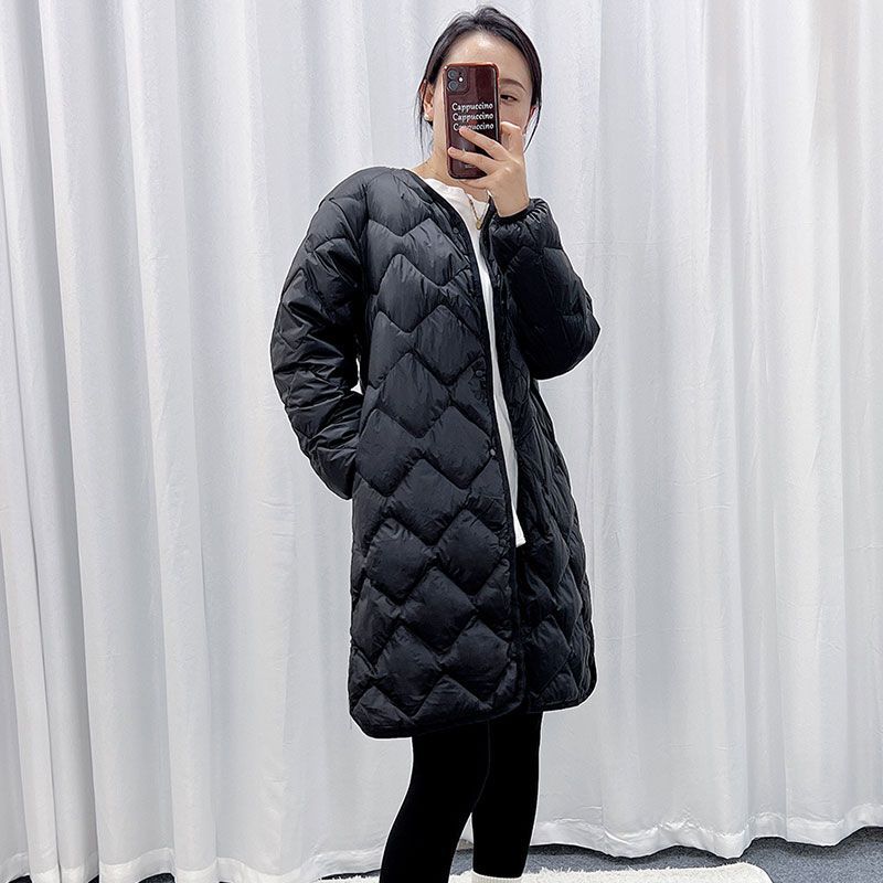 Women's Elegant Long Coat in Quilted Down Look with Diamond Quilting and Concealed Snap Button Placket Amarae