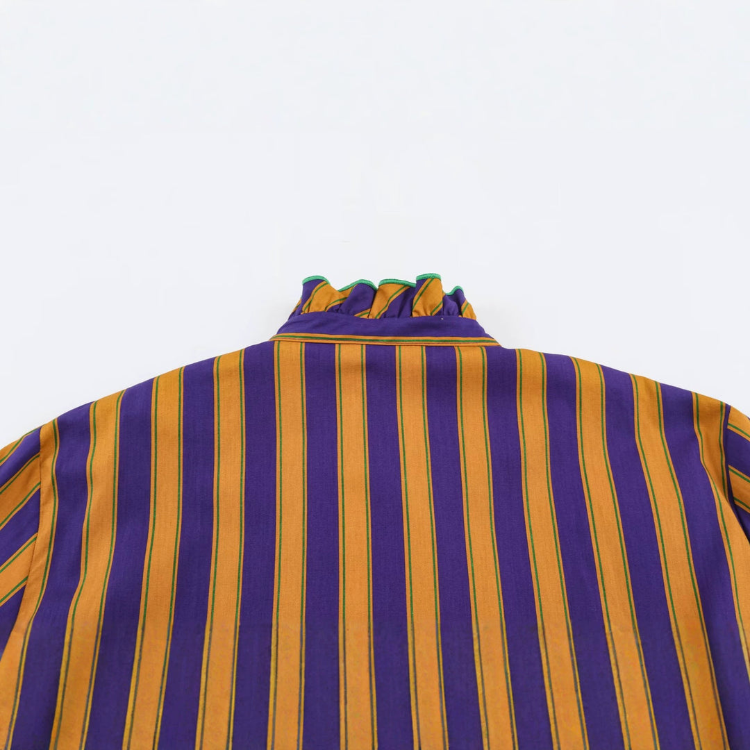 Women's Striped Blouse with Stand-up Collar, Ruffle Trim and Gathered Cuffs Amarae