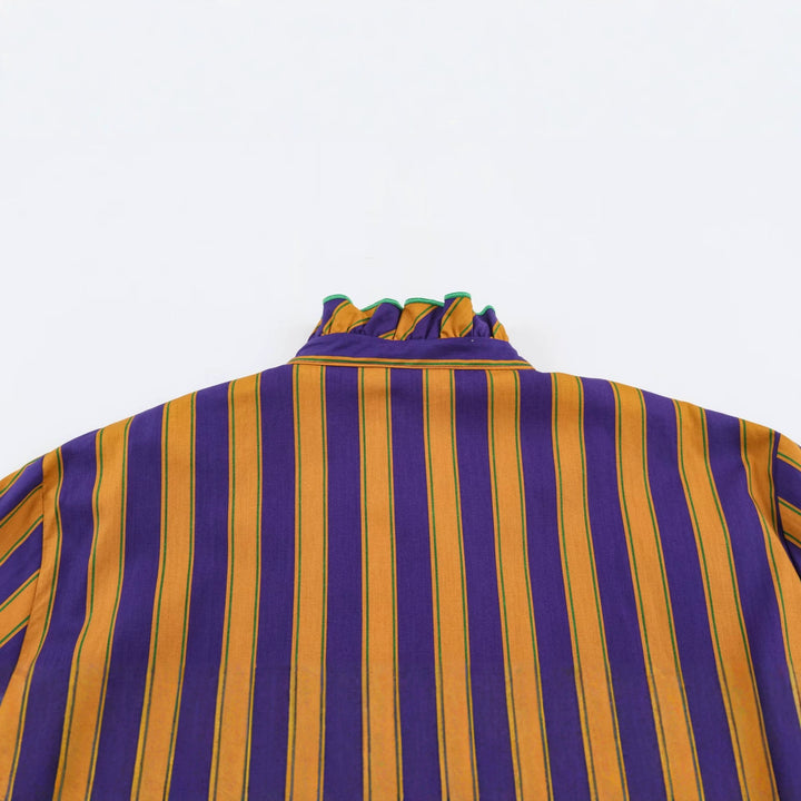 Women's Striped Blouse with Stand-up Collar, Ruffle Trim and Gathered Cuffs Amarae