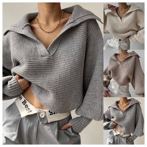 Thick knitted sweater for women with oversized cut and V-neck Amarae