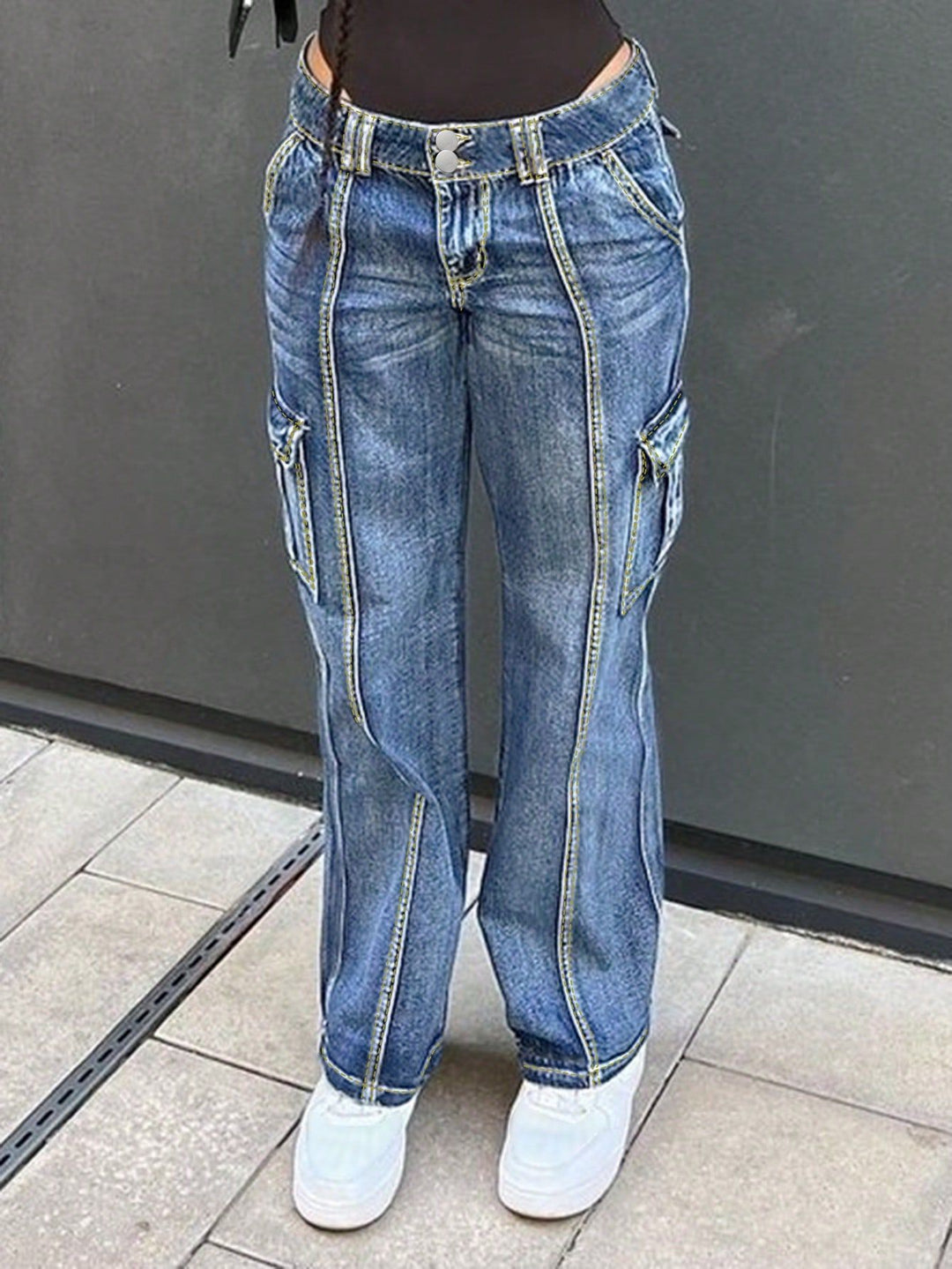 Women's high-waisted cargo jeans with vertical decorative seams and wide leg Amarae