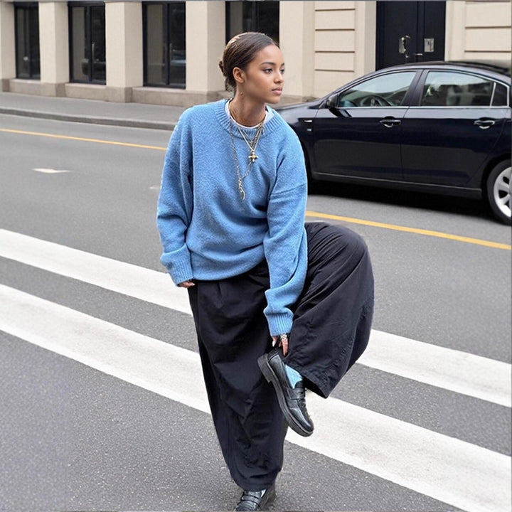 Women Fluffy Boxy Knit Sweater made of Alpaca Mix with Wide Round Neckline Amarae