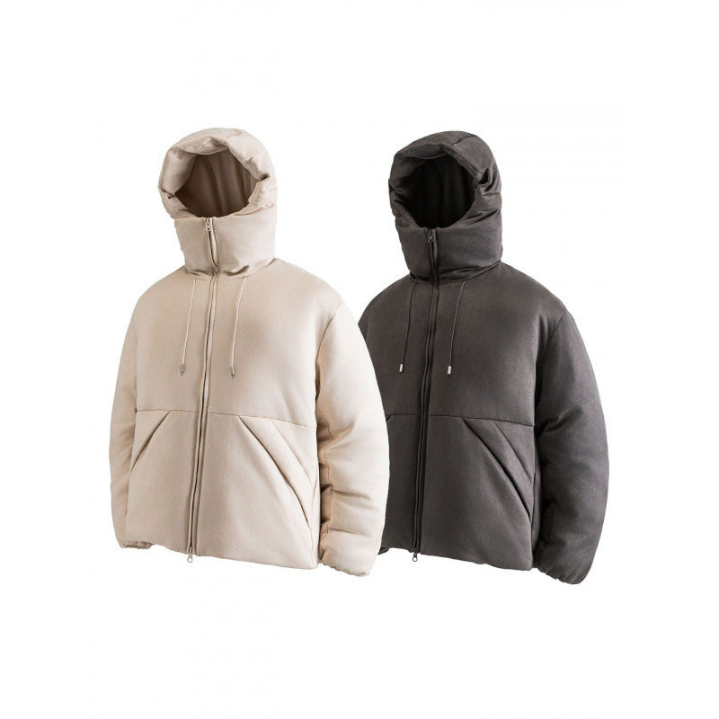 Unisex Padded Hooded Jacket in Boxy Cut with High Shawl Collar and Kangaroo Pockets Amarae