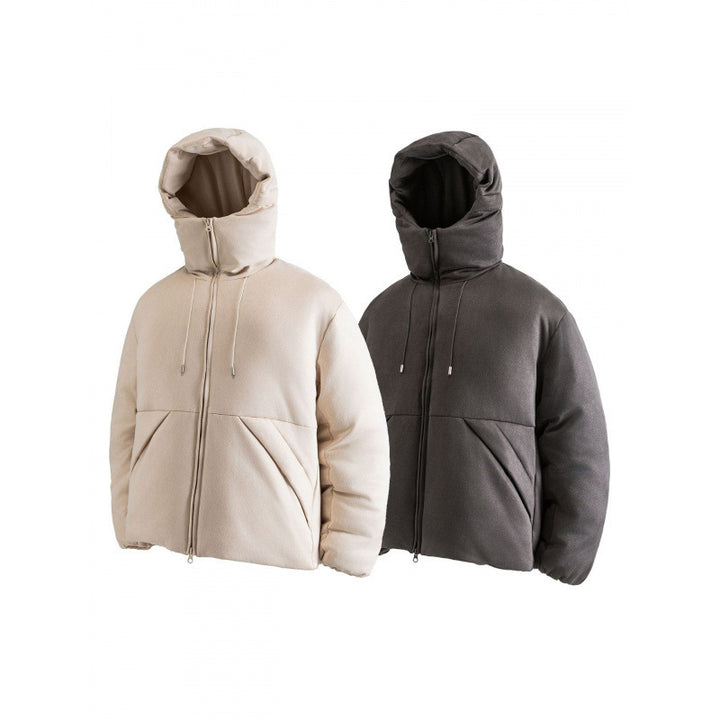 Unisex Padded Hooded Jacket in Boxy Cut with High Shawl Collar and Kangaroo Pockets Amarae