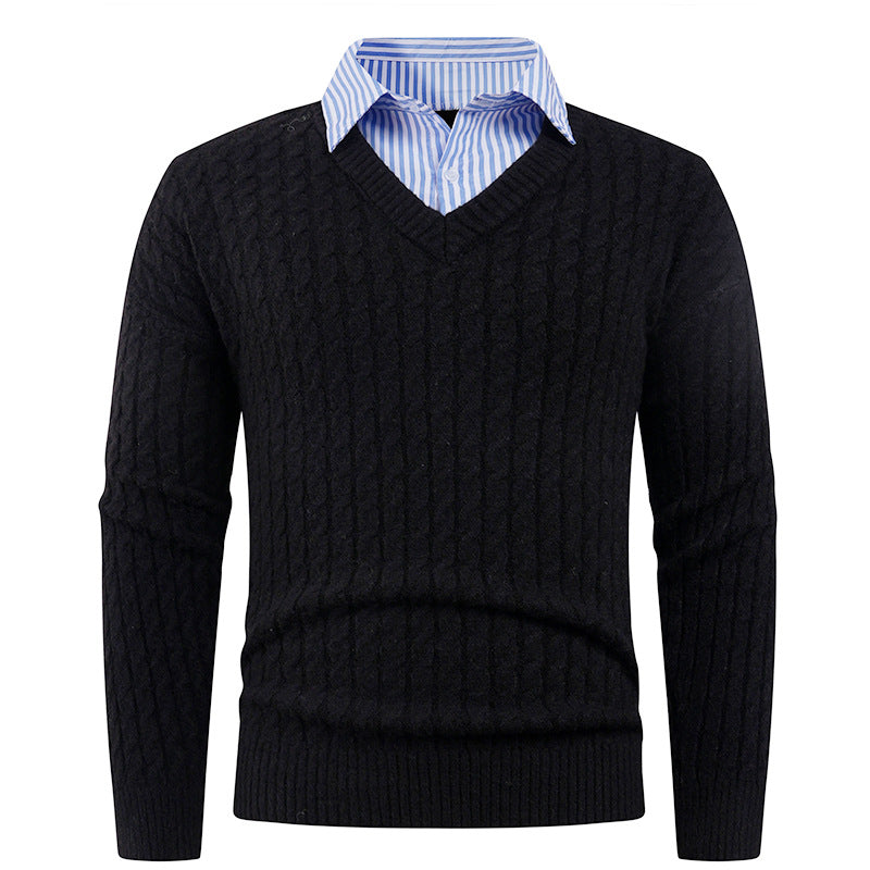 Men's knitted sweater with cable knit pattern and V-neck Lune London