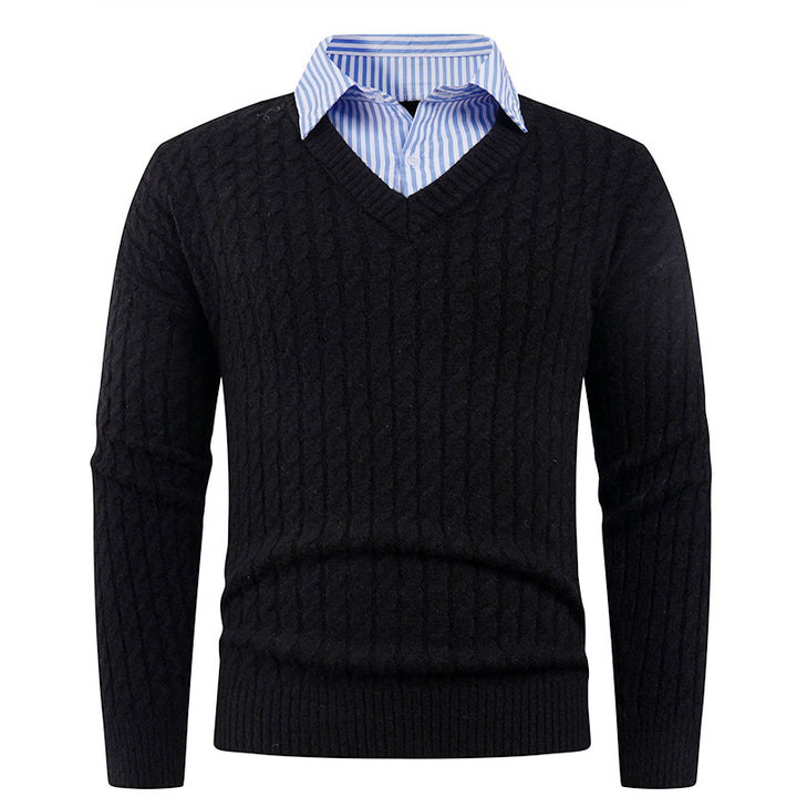 Men's knitted sweater with cable knit pattern and V-neck Lune London