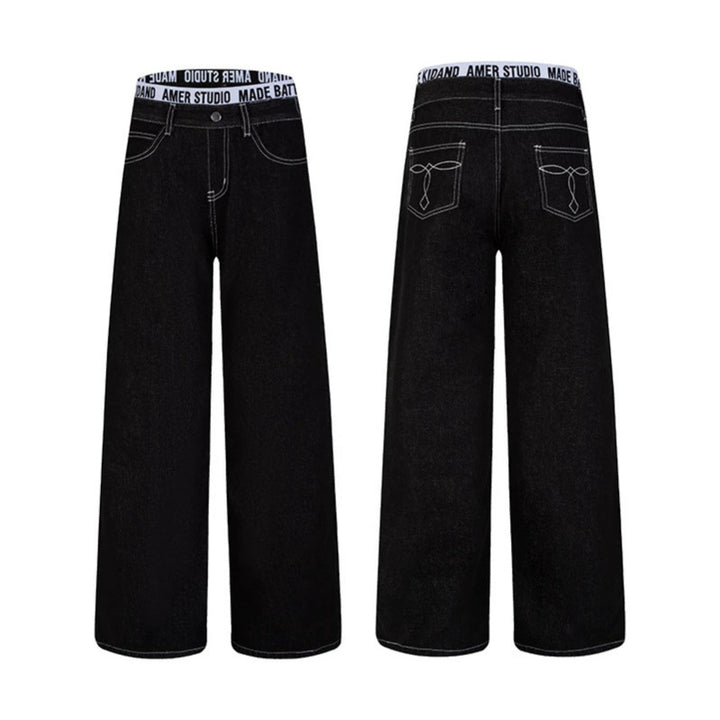 Women Wide High-Waist Denim Pants with Logo Elastic Waistband and Palazzo Silhouette Amarae