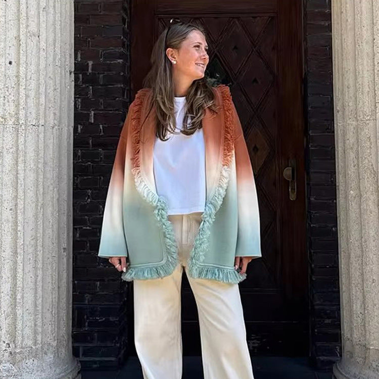 Women's Gradient Knit Cardigan with Fringes and Shawl Collar Amarae