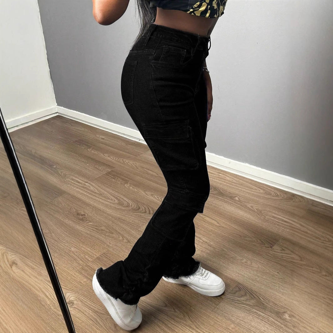 Ladies High-Waisted Cargo Jeans with Multiple Flap Pockets and Long Leg Amarae